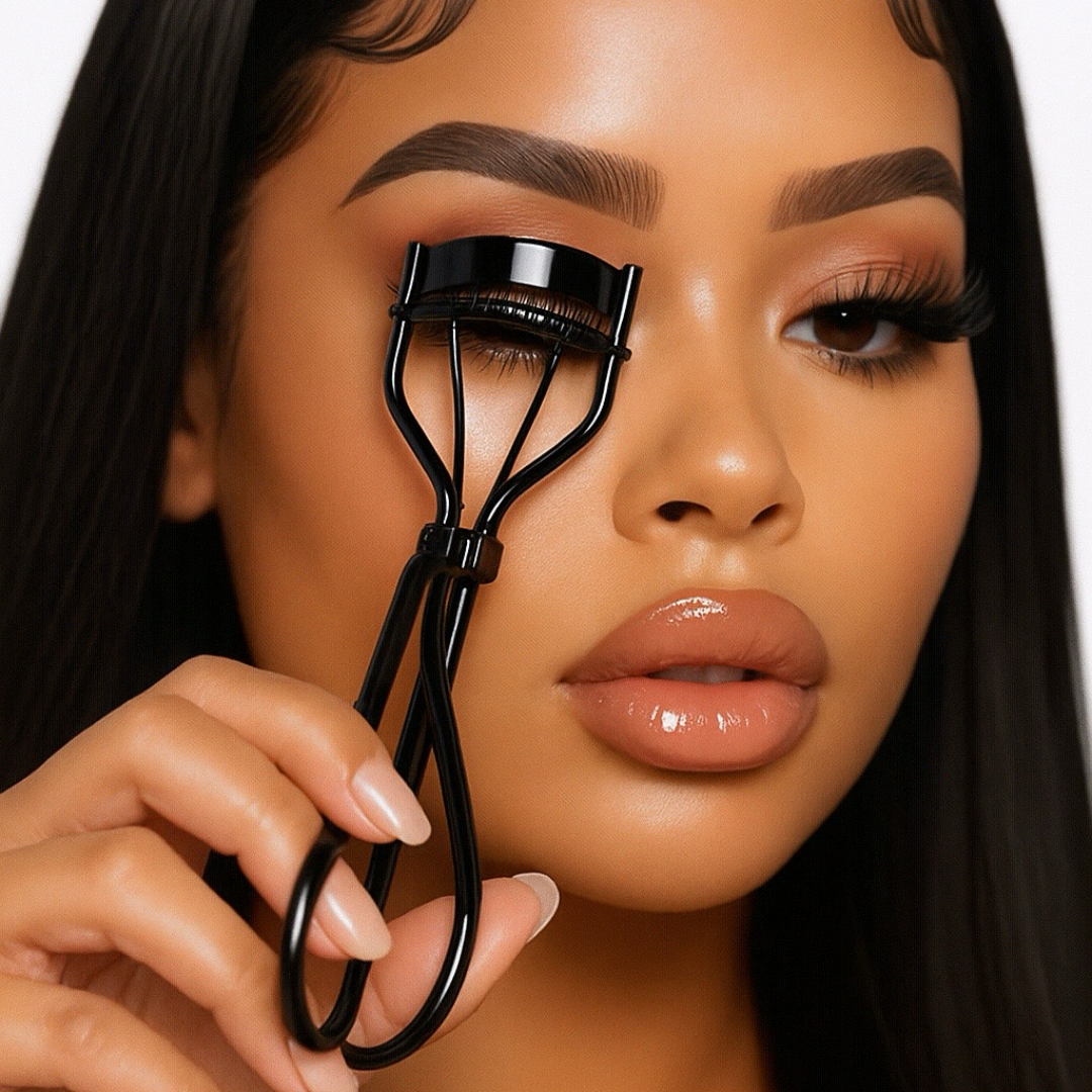 Woman using Stright Slayed eyelash curler with a neutral background